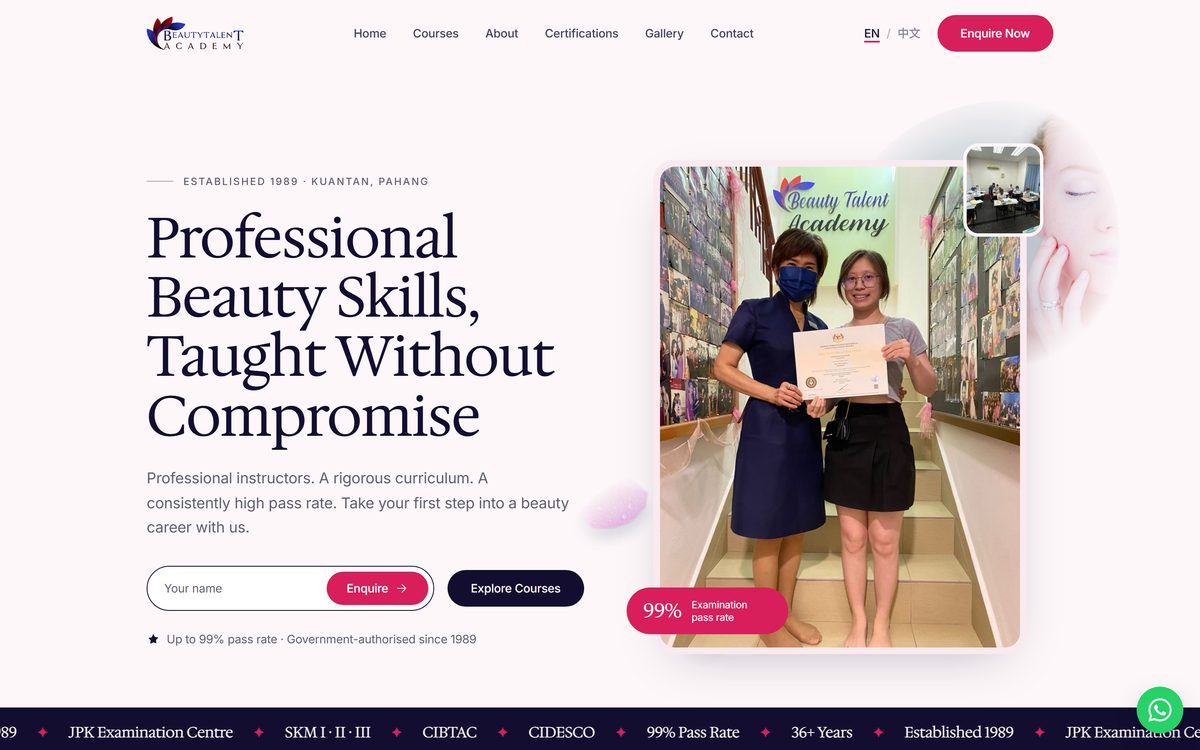 Beauty Talent Academy website screenshot