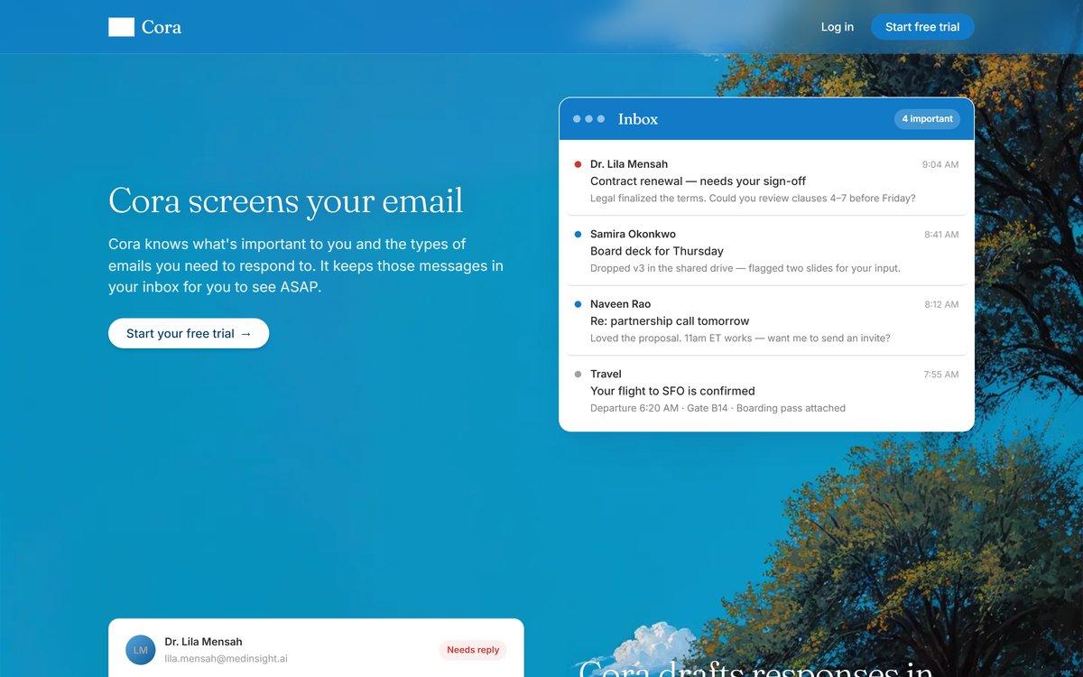 Cora — AI Email Assistant website screenshot